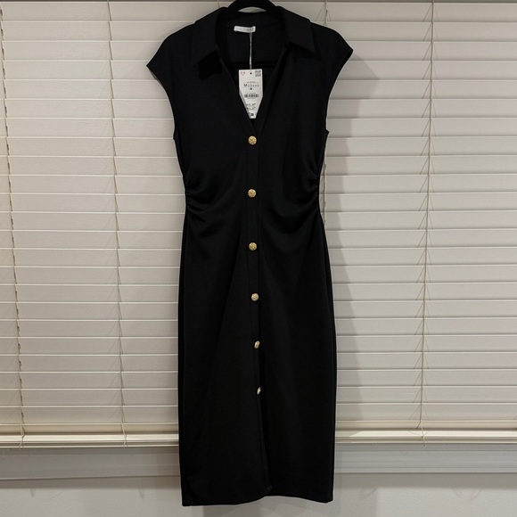 Zara Dresses & Skirts - Zara Black Midi Dress with Gold Buttons
